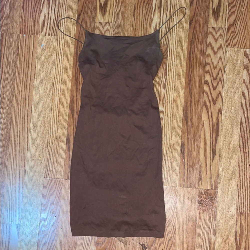 Tight brown mini dress with spaghetti straps